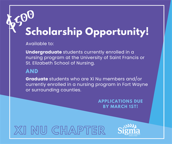 Purple and teal infographic announcing the $500 Xi Nu nursing student scholarship opportunity.